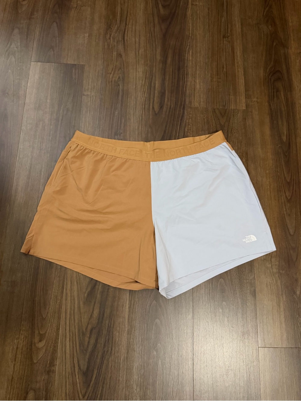 The North Face Women’s Two-Tone Athletic Shorts in Tan and Light Blue